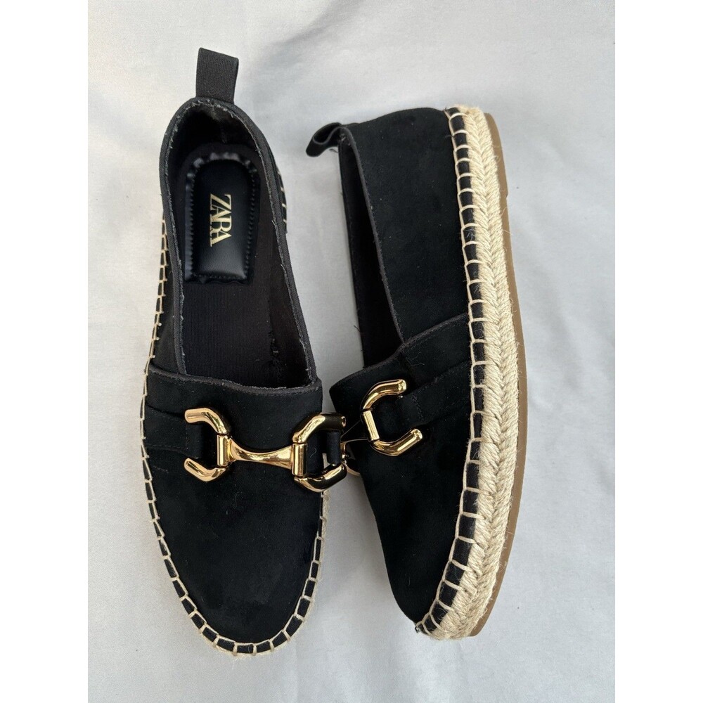 Zara Black Swede  Espadrille Flats with Gold Buckle 39